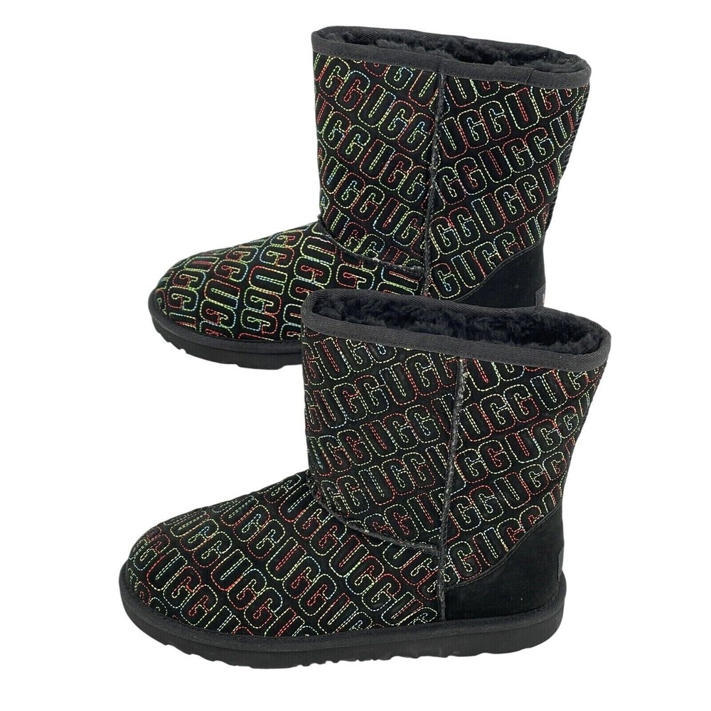 Ugg Boots‎ Women Size 5 Black Rainbow Stitch Classic II Short Suede New